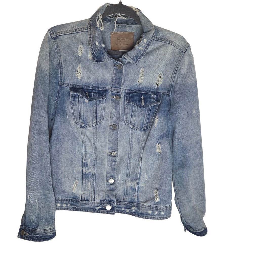 BBJ Los Angeles Mens Distressed Denim Jacket Light Wash Trucker Jean Jacket L